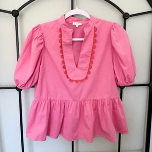 Avara Pink Puff-Sleeve Peplum Blouse Size Small